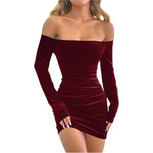 Women's Burgundy Velvet Dress Long Sleeve Mini Fall Cocktail Party Club Dresses